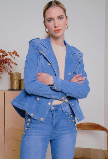 Fitted stretch denim jacket with ruffles